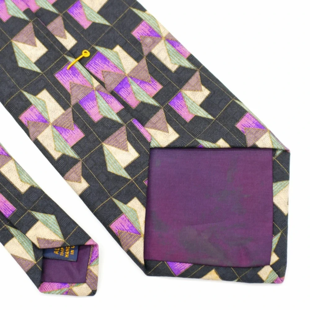 XMI Black Purple‎ Green Tan Abstract Woven Wide Silk Tie Made In USA